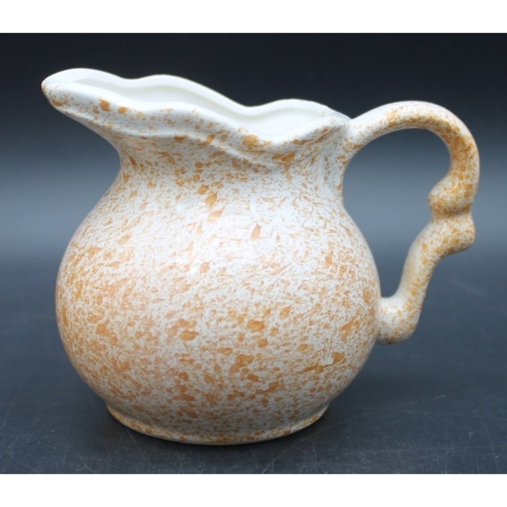 Vintage Spongeware Pottery Creamer Pitcher Tan White Speckled Rustic 86 Mark